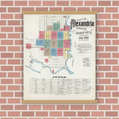 Old map wall art mockup — magnetic wood frame on brick wall — Sanborn Fire Insurance Map from Alexandria, Independent Cities, Virginia (1902) - Complete Map Set