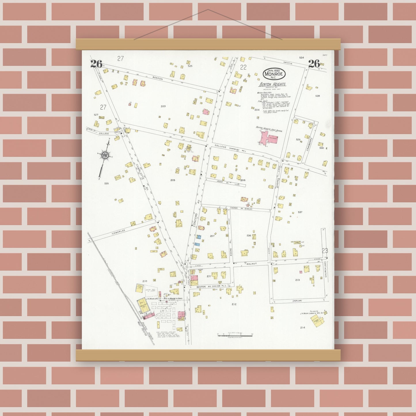 Old map wall art mockup — magnetic wood frame on brick wall — Sanborn Fire Insurance Map from Monroe, Union County, North Carolina (1930), Sheet #0026