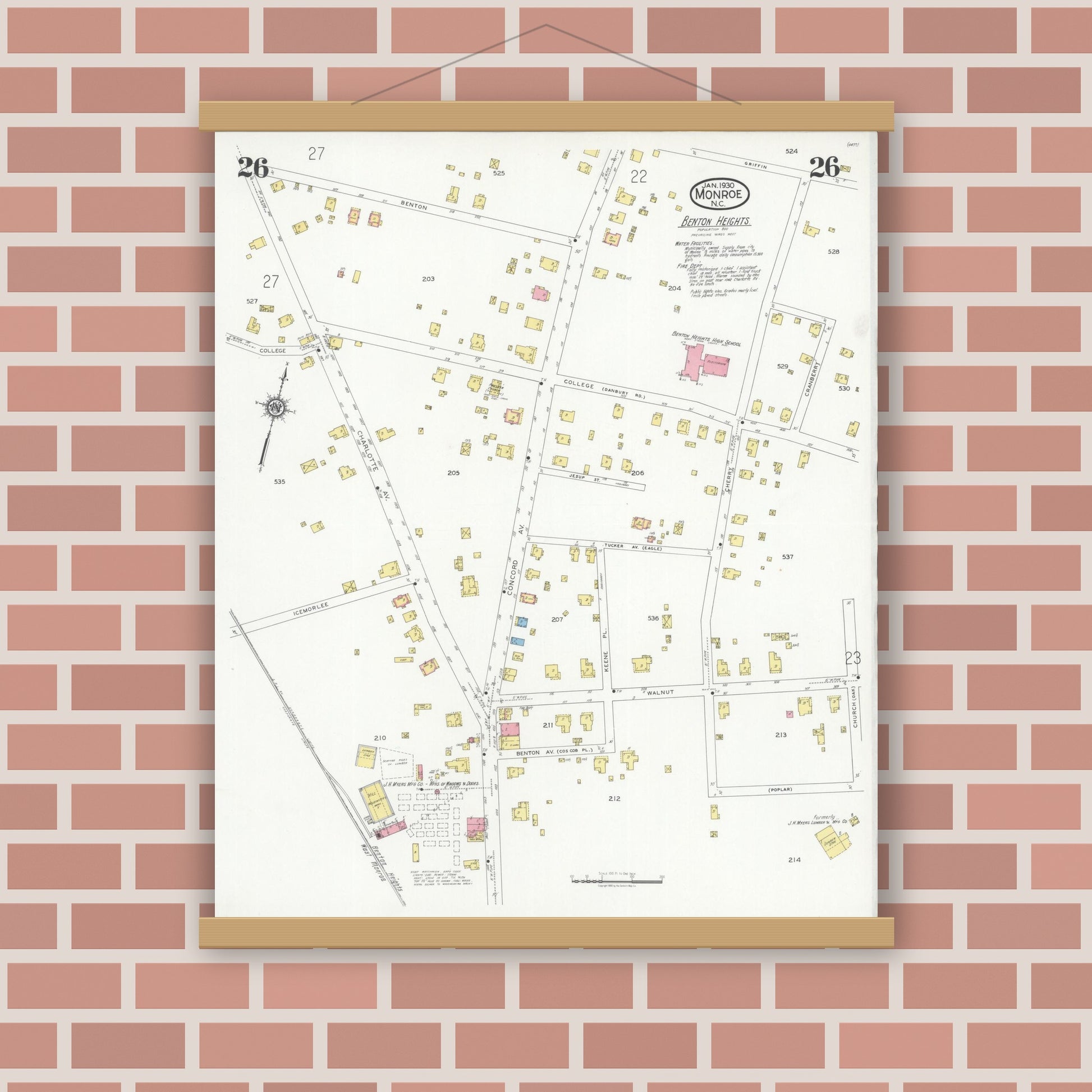 Old map wall art mockup — magnetic wood frame on brick wall — Sanborn Fire Insurance Map from Monroe, Union County, North Carolina (1930), Sheet #0026