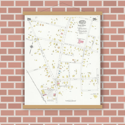 Old map wall art mockup — magnetic wood frame on brick wall — Sanborn Fire Insurance Map from Monroe, Union County, North Carolina (1930), Sheet #0026