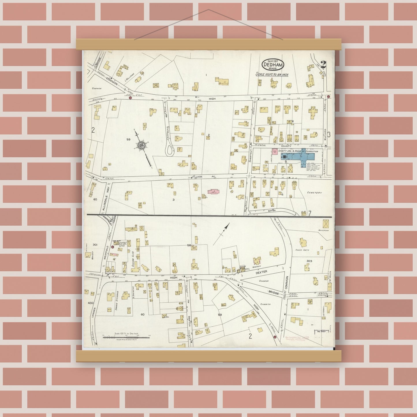Old map wall art mockup — magnetic wood frame on brick wall — Sanborn Fire Insurance Map from Dedham, Norfolk County, Massachusetts (1917), Sheet #0002