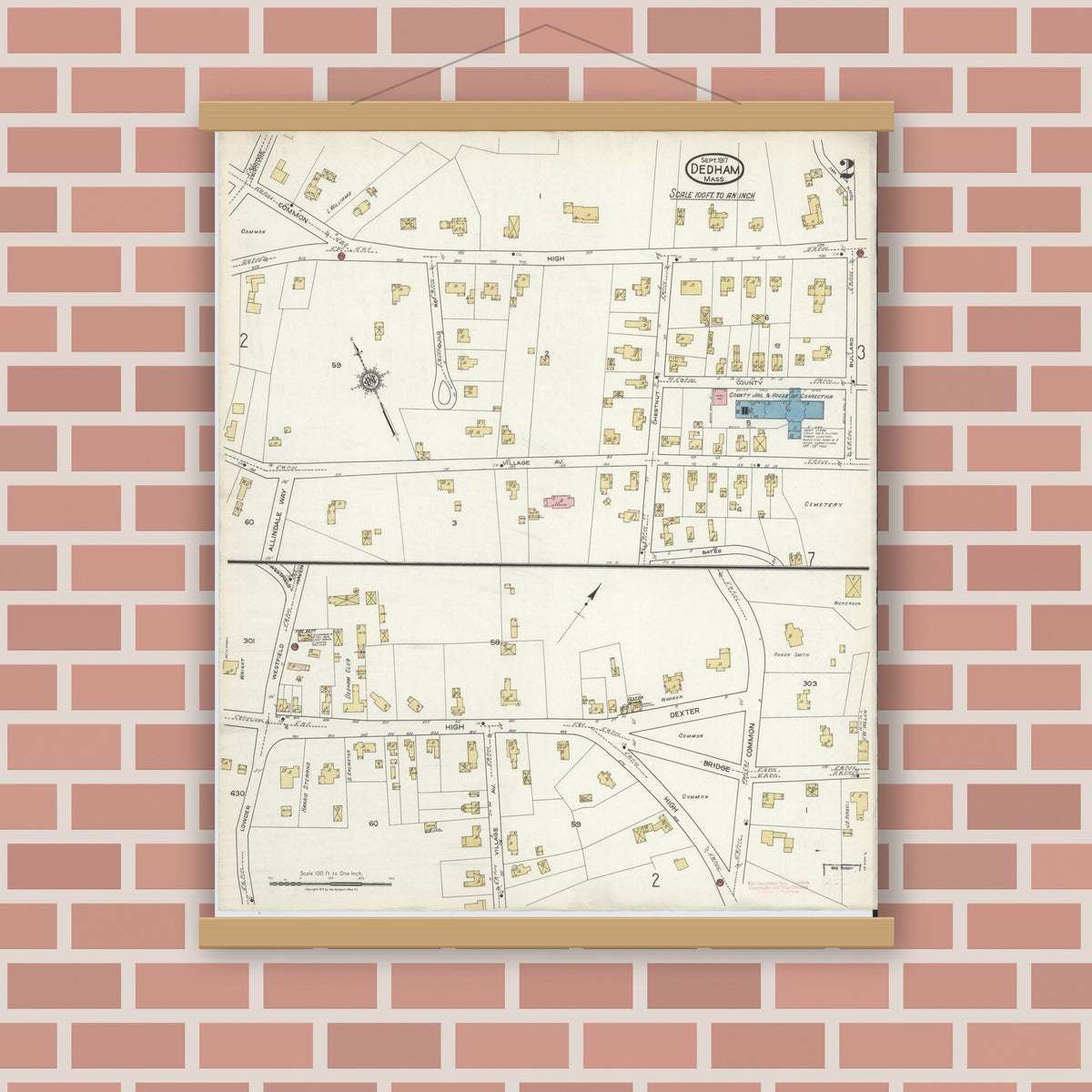Old map wall art mockup — magnetic wood frame on brick wall — Sanborn Fire Insurance Map from Dedham, Norfolk County, Massachusetts (1917), Sheet #0002