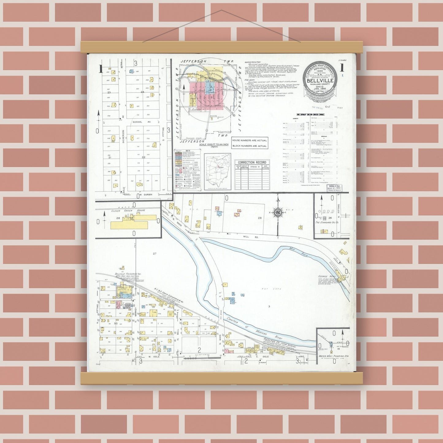 Old map wall art mockup — magnetic wood frame on brick wall — Sanborn Fire Insurance Map from Bellville, Richland County, Ohio (1950) - Complete Map Set