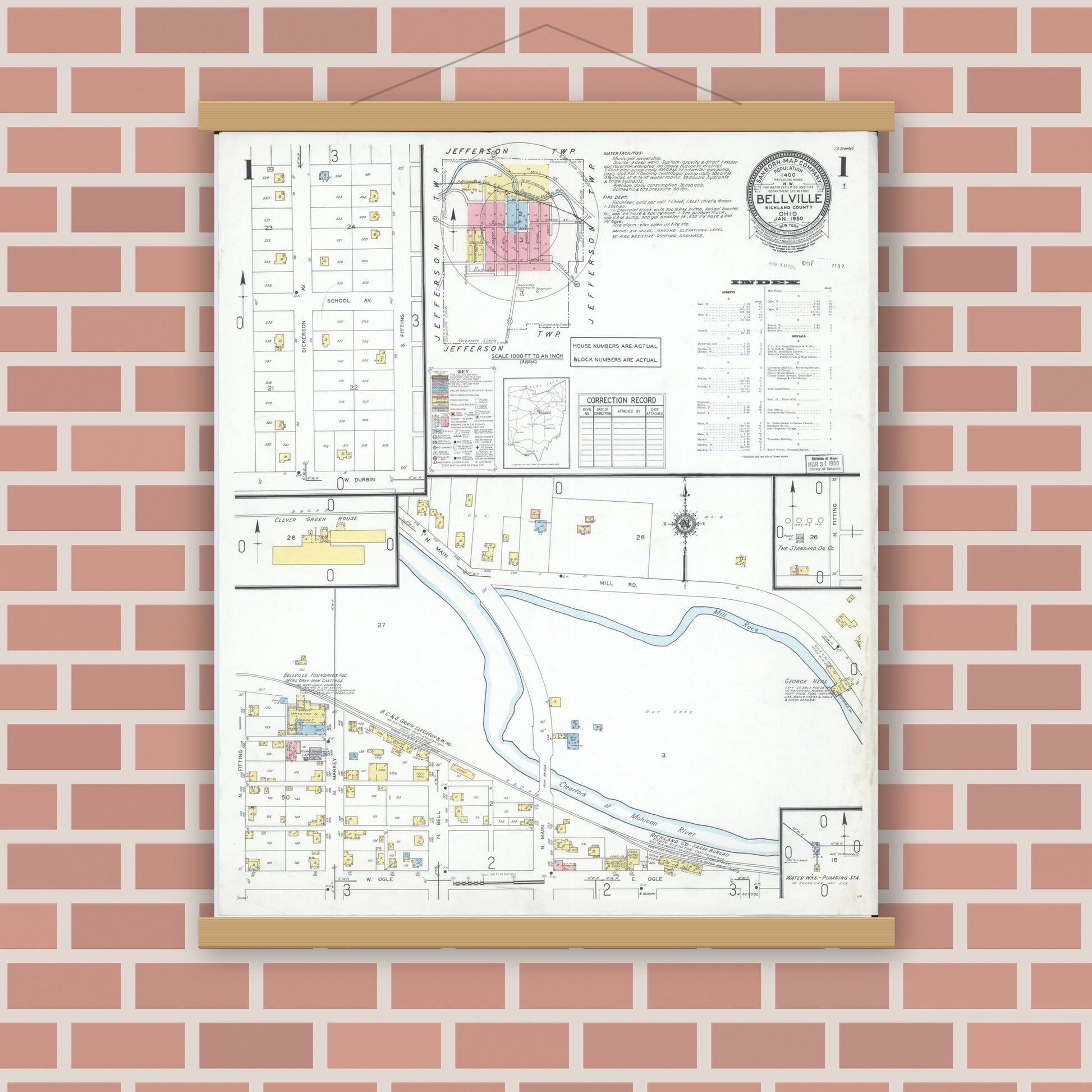 Old map wall art mockup — magnetic wood frame on brick wall — Sanborn Fire Insurance Map from Bellville, Richland County, Ohio (1950) - Complete Map Set