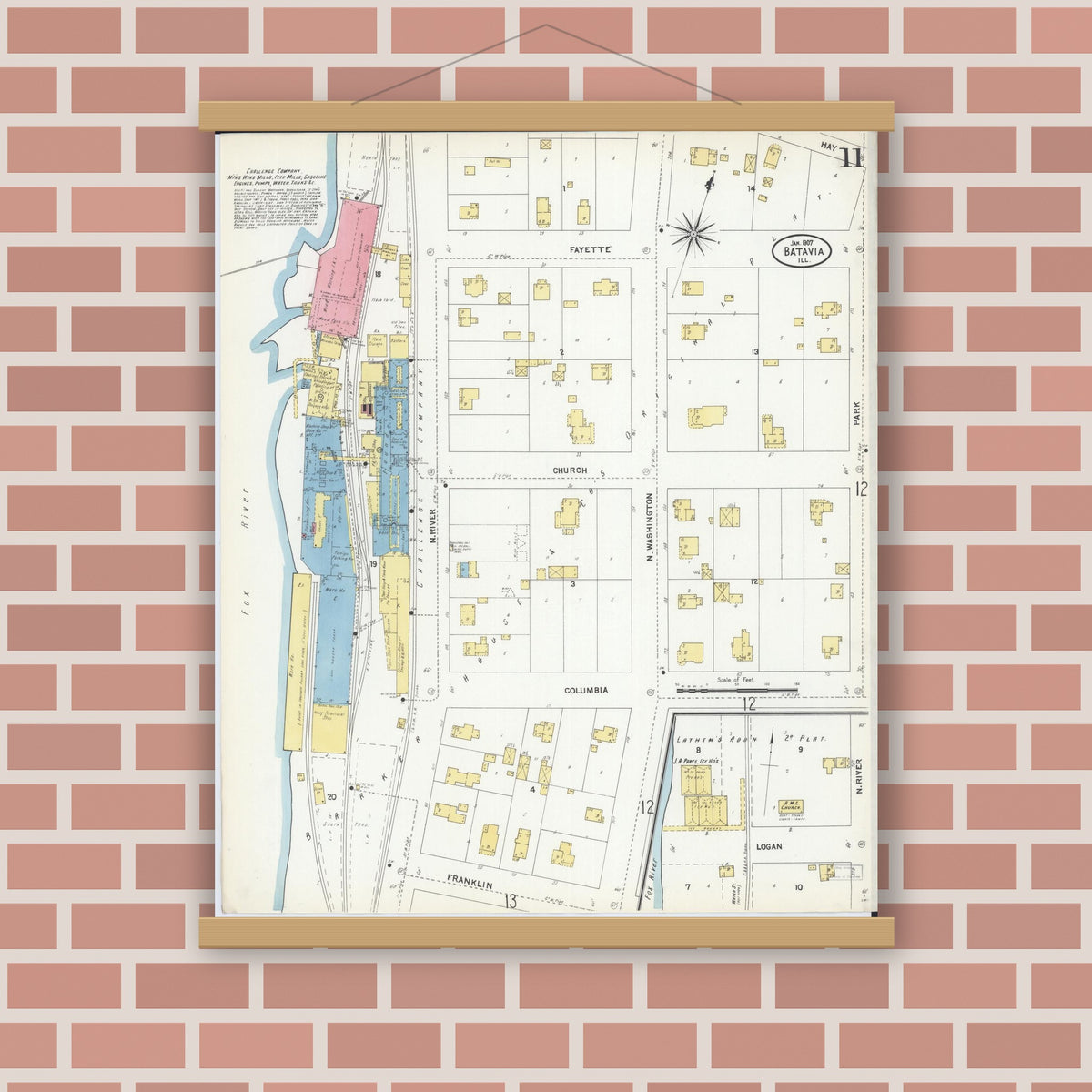 Old map wall art mockup — magnetic wood frame on brick wall — Sanborn Fire Insurance Map from Batavia, Kane County, Illinois (1907), Sheet #0011