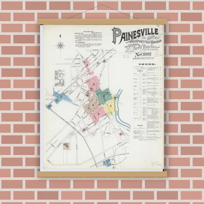 Old map wall art mockup — magnetic wood frame on brick wall — Sanborn Fire Insurance Map from Painesville, Lake County, Ohio (1892) - Complete Map Set