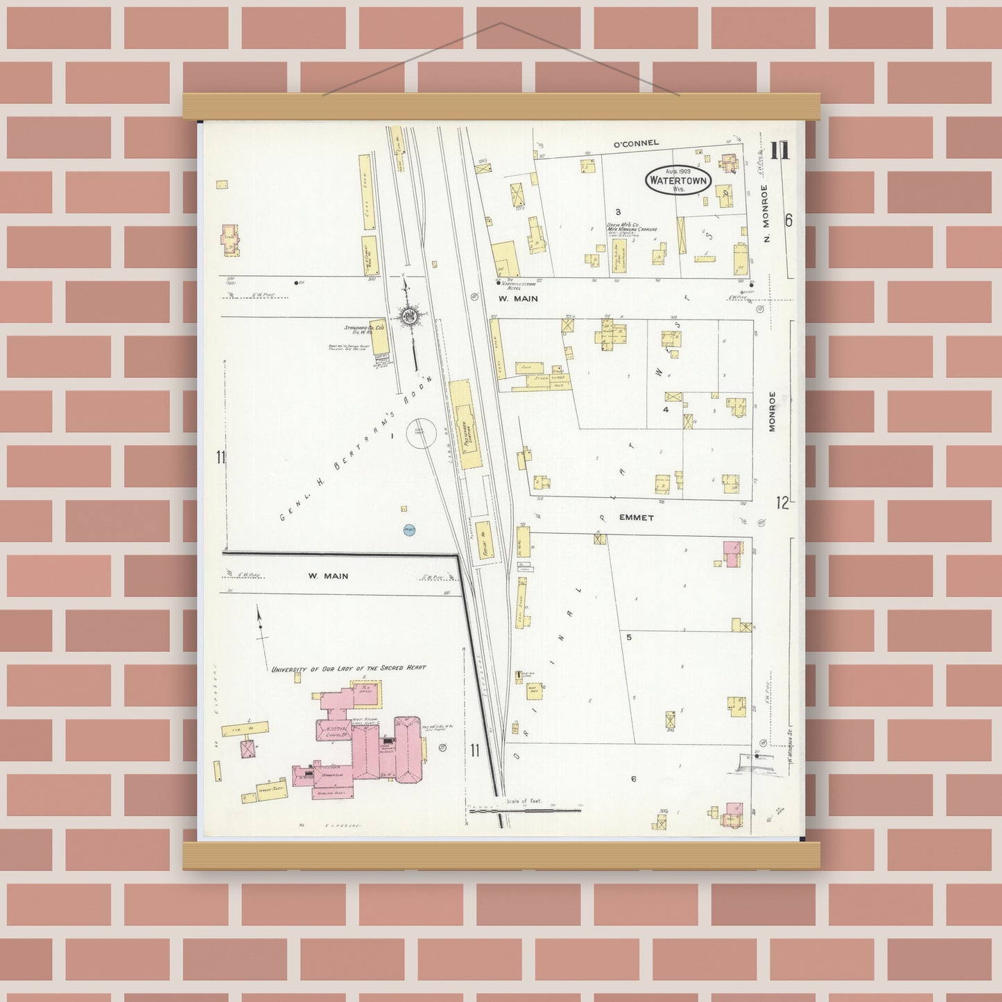 Old map wall art mockup — magnetic wood frame on brick wall — Sanborn Fire Insurance Map from Watertown, Jefferson County, Wisconsin (1909), Sheet #0011