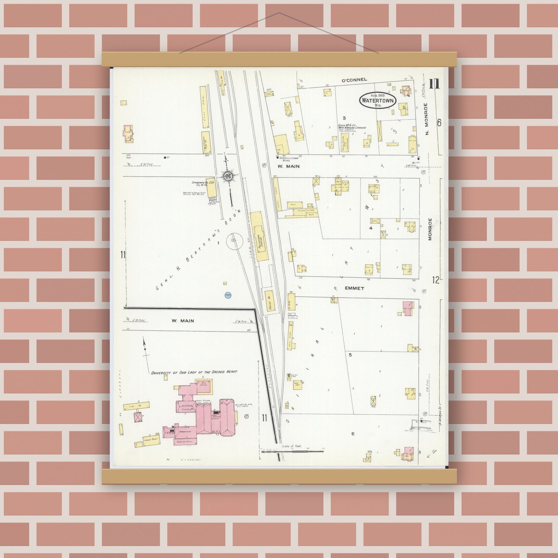 Old map wall art mockup — magnetic wood frame on brick wall — Sanborn Fire Insurance Map from Watertown, Jefferson County, Wisconsin (1909), Sheet #0011