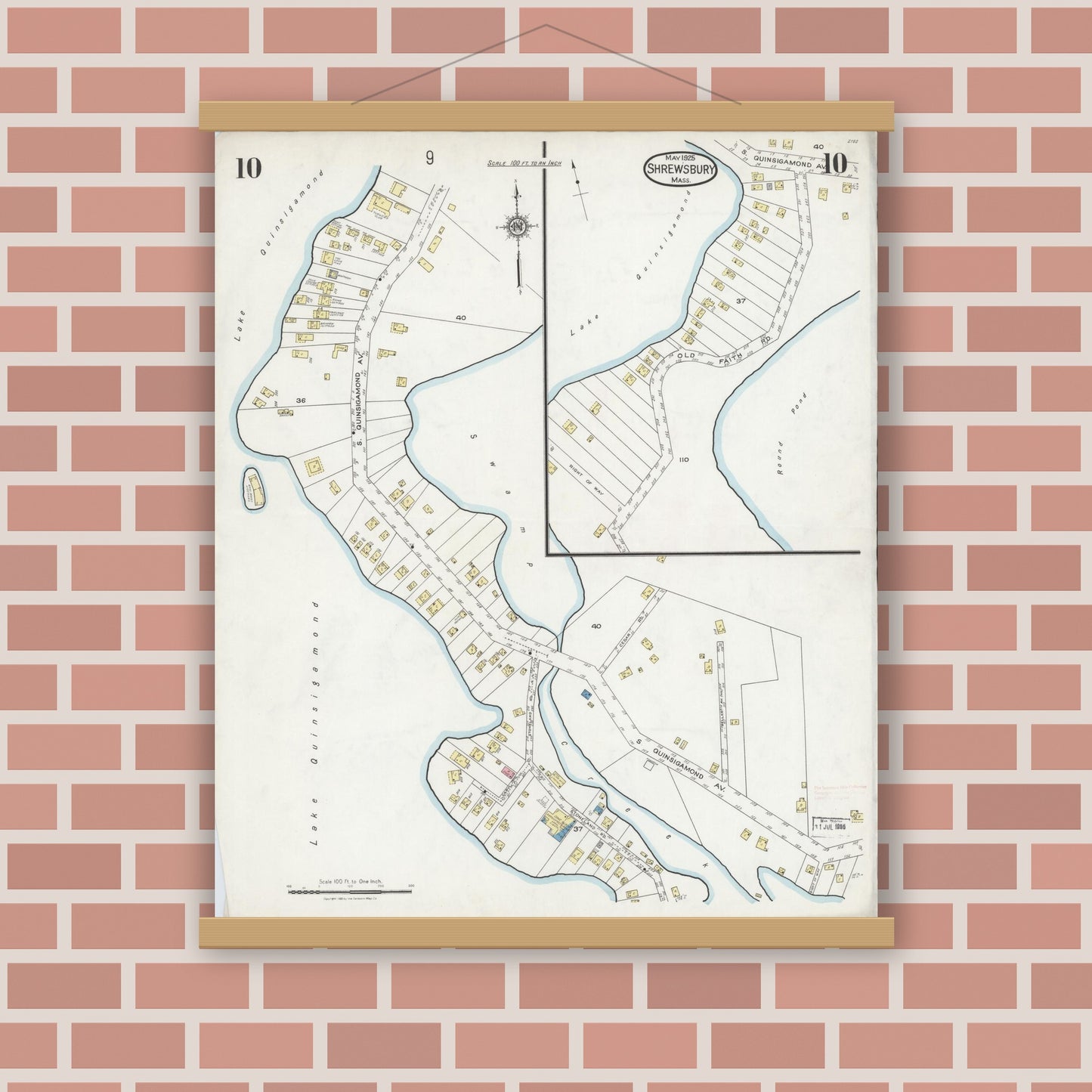 Old map wall art mockup — magnetic wood frame on brick wall — Sanborn Fire Insurance Map from Shrewsbury, Worcester County, Massachusetts (1925), Sheet #0010