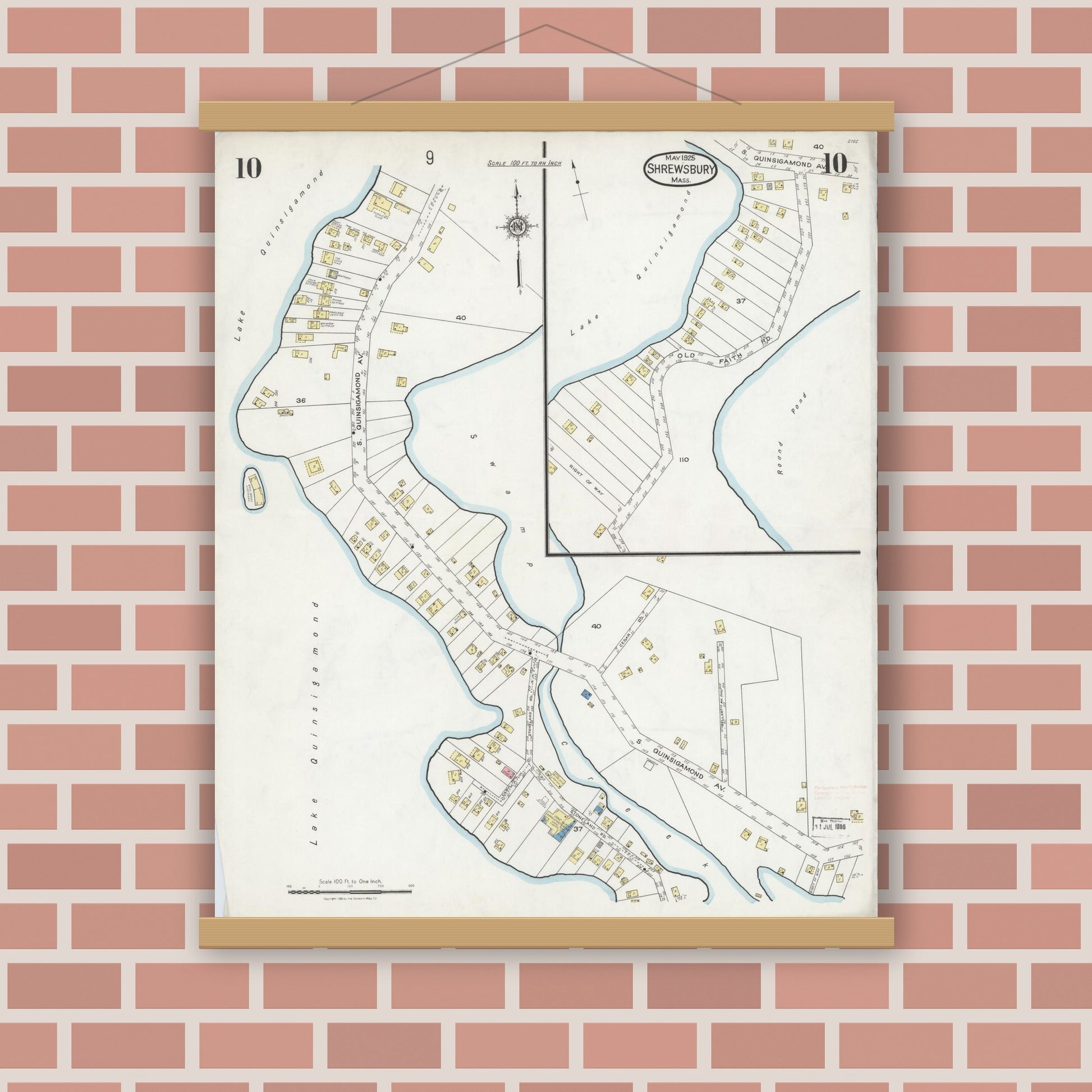 Old map wall art mockup — magnetic wood frame on brick wall — Sanborn Fire Insurance Map from Shrewsbury, Worcester County, Massachusetts (1925), Sheet #0010