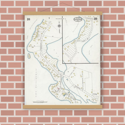 Old map wall art mockup — magnetic wood frame on brick wall — Sanborn Fire Insurance Map from Shrewsbury, Worcester County, Massachusetts (1925), Sheet #0010