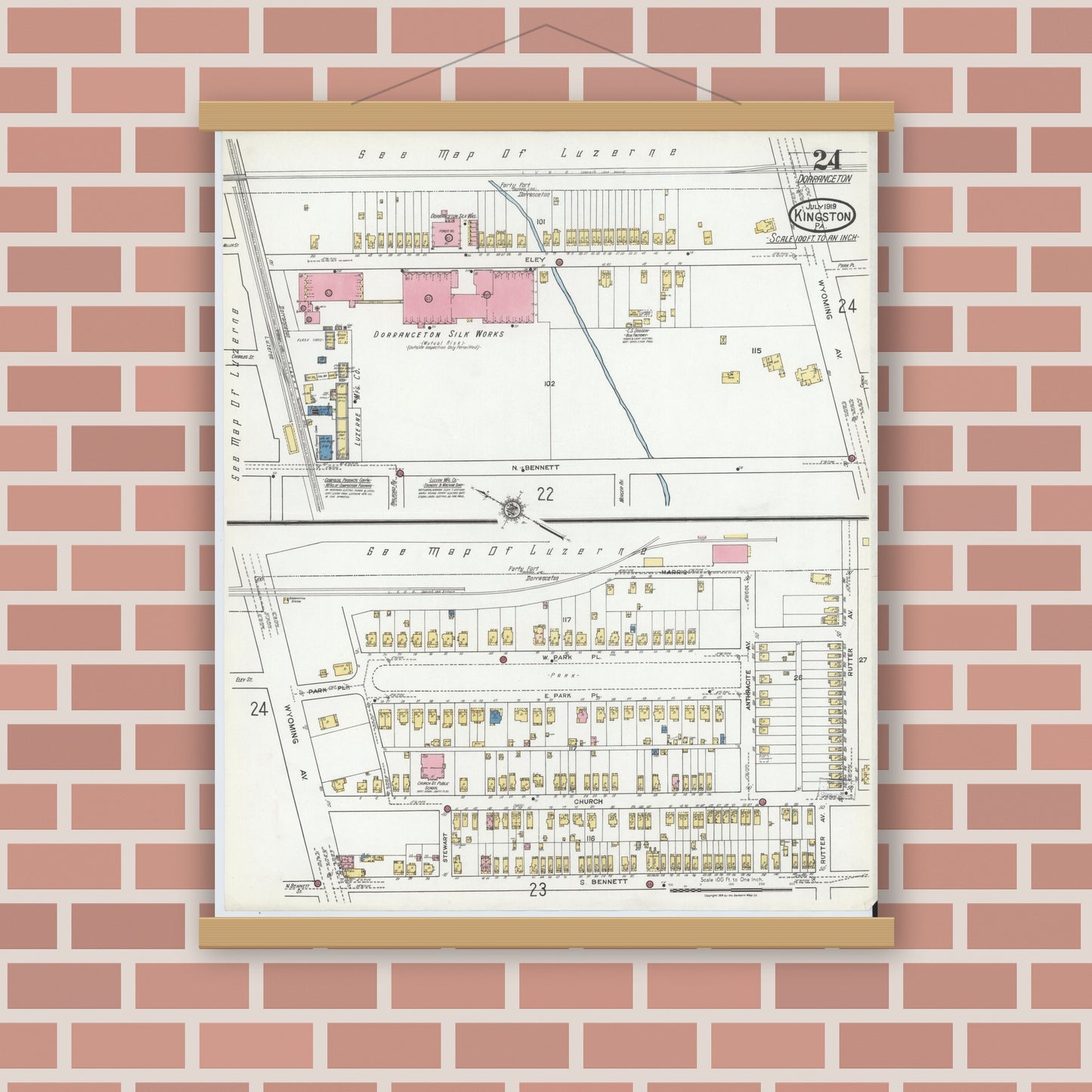 Old map wall art mockup — magnetic wood frame on brick wall — Sanborn Fire Insurance Map from Kingston, Luzerne County, Pennsylvania (1919), Sheet #0024