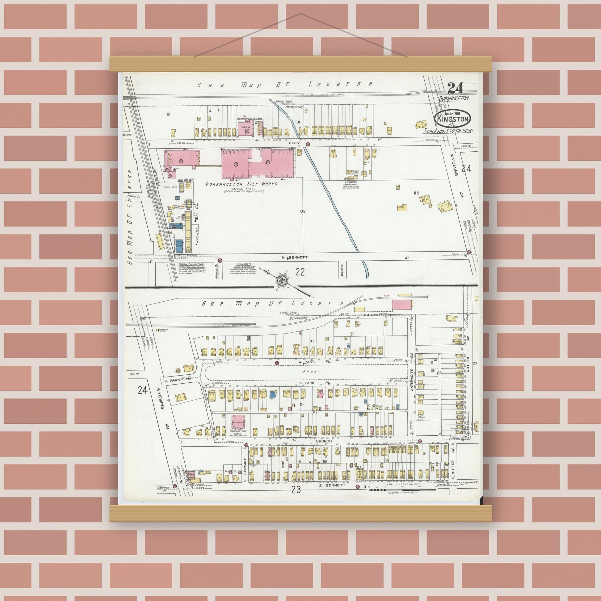 Old map wall art mockup — magnetic wood frame on brick wall — Sanborn Fire Insurance Map from Kingston, Luzerne County, Pennsylvania (1919), Sheet #0024