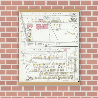 Old map wall art mockup — magnetic wood frame on brick wall — Sanborn Fire Insurance Map from Kingston, Luzerne County, Pennsylvania (1919), Sheet #0024