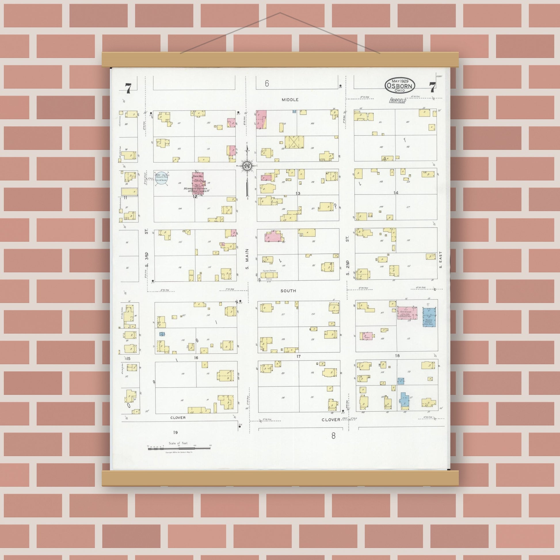 Old map wall art mockup — magnetic wood frame on brick wall — Sanborn Fire Insurance Map from Osborn, Greene County, Ohio (1929), Sheet #0007