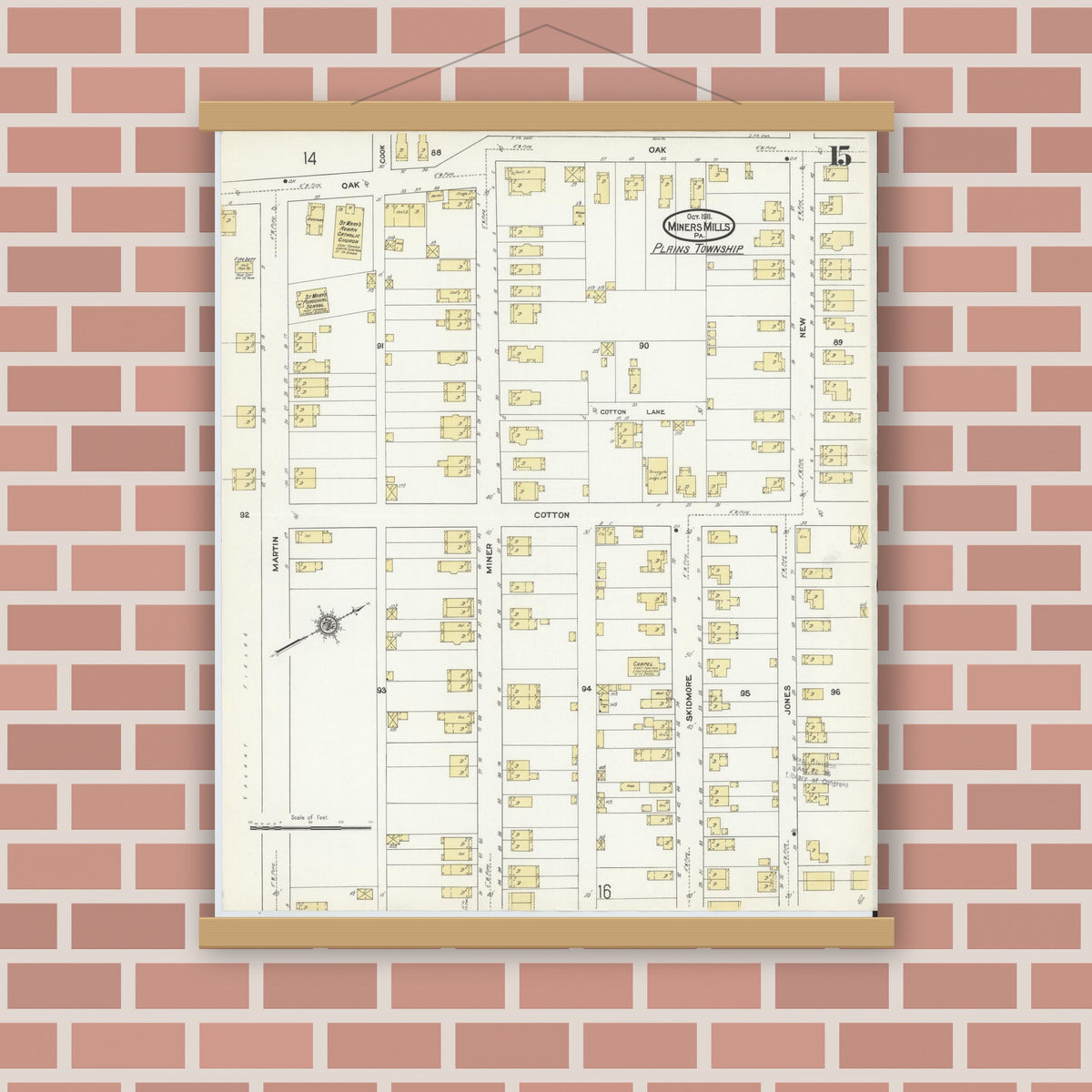 Old map wall art mockup — magnetic wood frame on brick wall — Sanborn Fire Insurance Map from Miners Mills, Luzerne County, Pennsylvania (1911), Sheet #0015