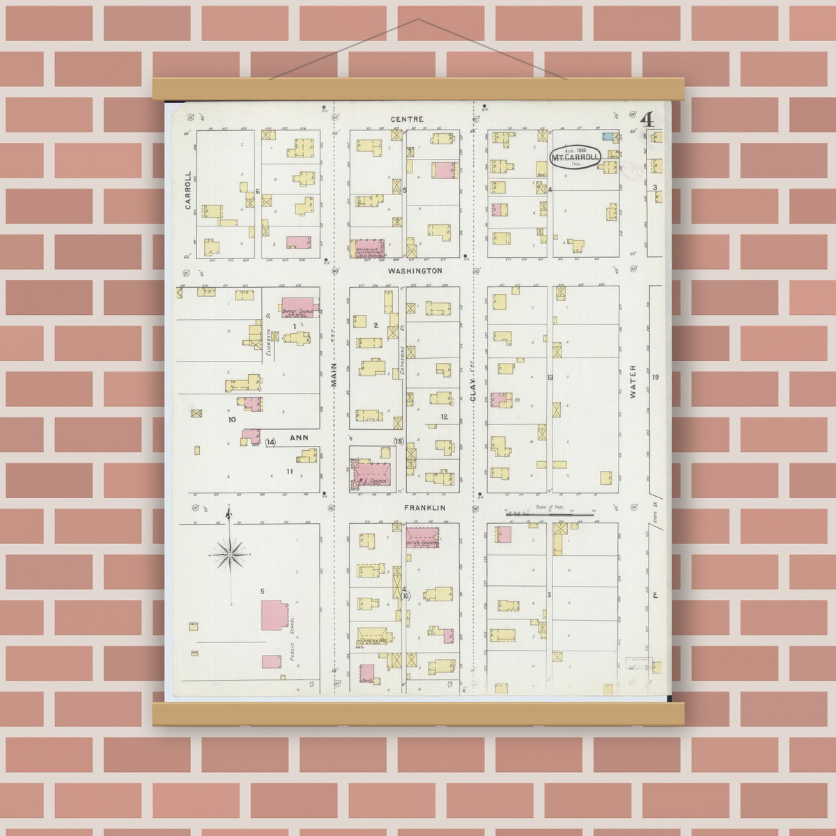 Old map wall art mockup — magnetic wood frame on brick wall — Sanborn Fire Insurance Map from Mount Carroll, Carroll County, Illinois (1894), Sheet #0004