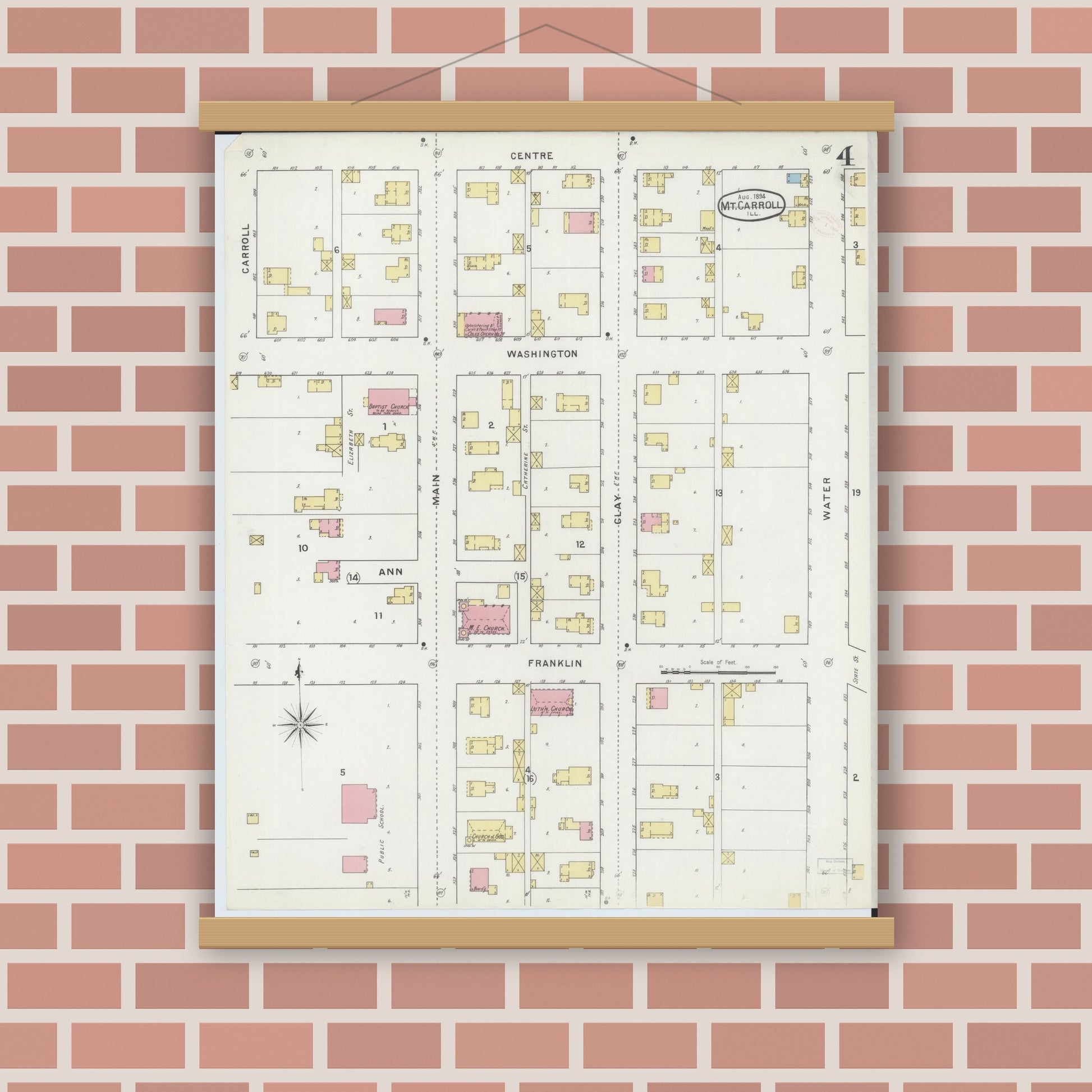 Old map wall art mockup — magnetic wood frame on brick wall — Sanborn Fire Insurance Map from Mount Carroll, Carroll County, Illinois (1894), Sheet #0004