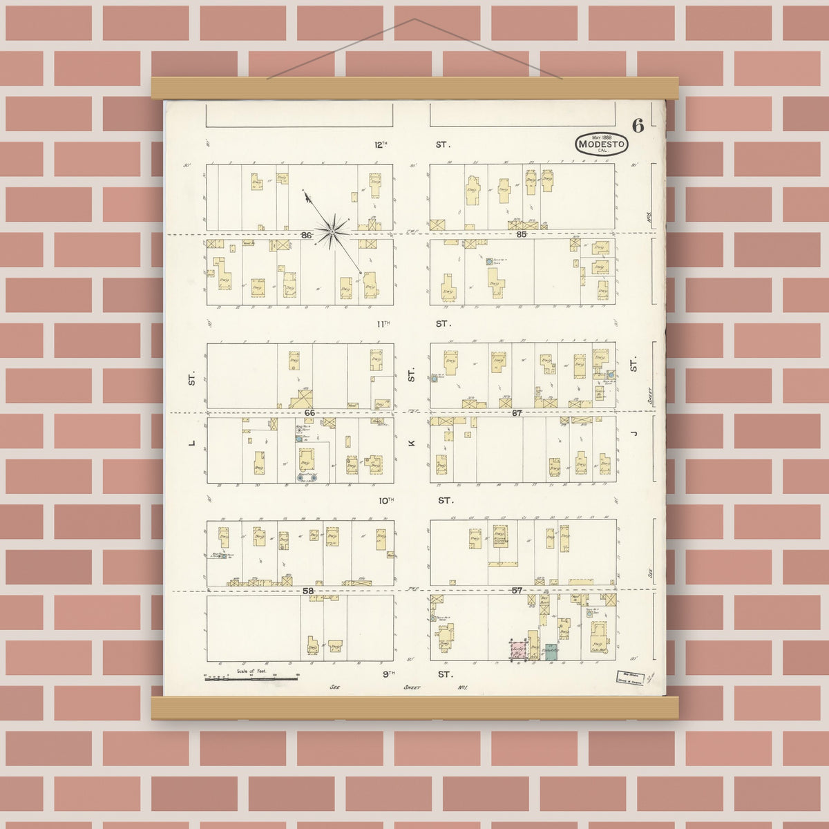 Old map wall art mockup — magnetic wood frame on brick wall — Sanborn Fire Insurance Map from Modesto, Stanislaus County, California (1888), Sheet #0006