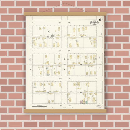Old map wall art mockup — magnetic wood frame on brick wall — Sanborn Fire Insurance Map from Modesto, Stanislaus County, California (1888), Sheet #0006