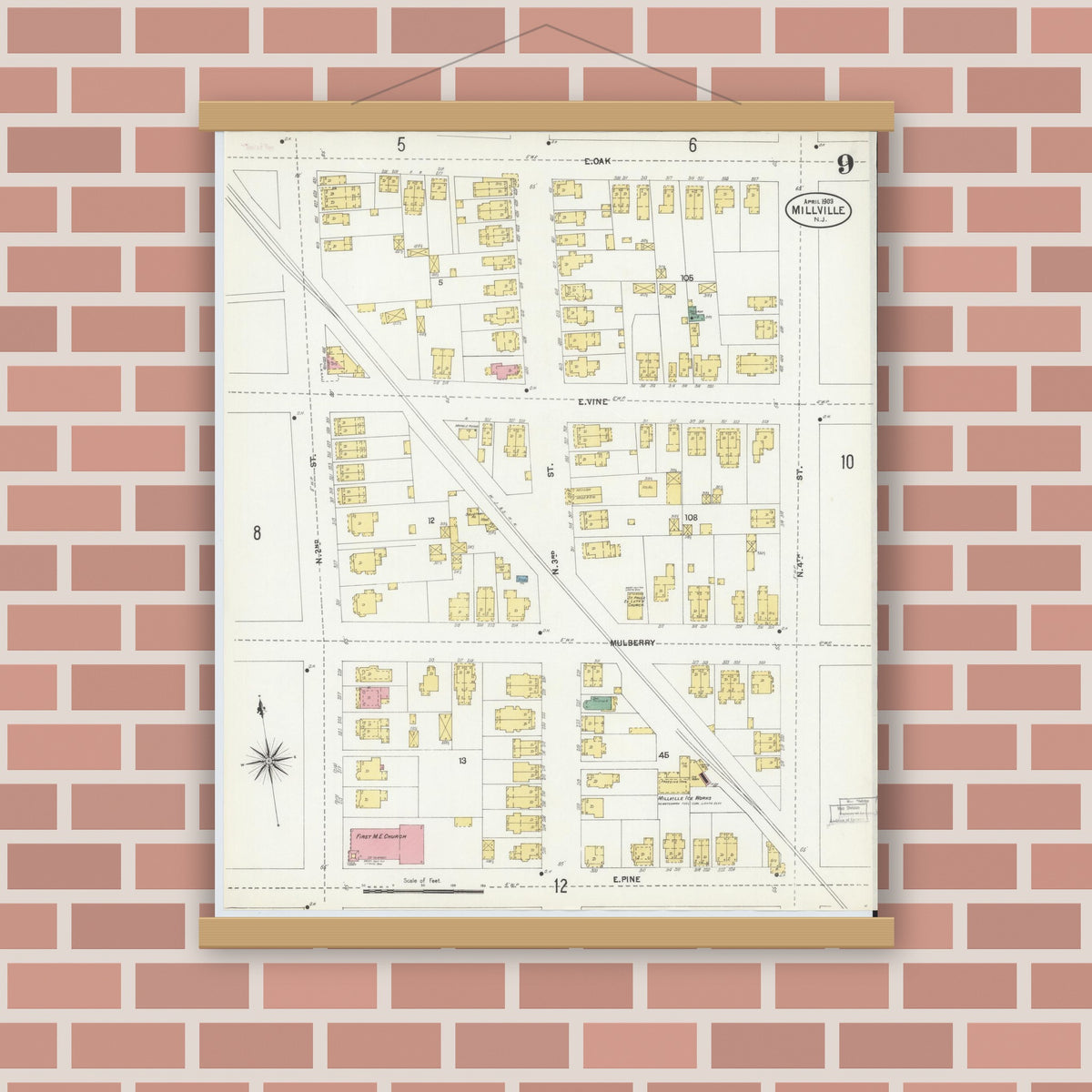 Old map wall art mockup — magnetic wood frame on brick wall — Sanborn Fire Insurance Map from Millville, Cumberland County, New Jersey (1903), Sheet #0009