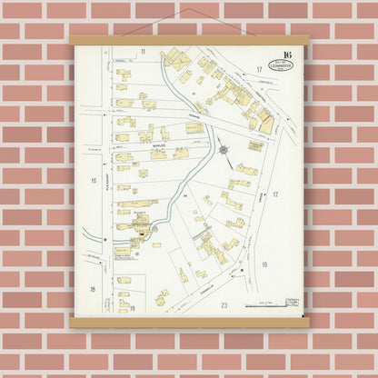 Old map wall art mockup — magnetic wood frame on brick wall — Sanborn Fire Insurance Map from Leominster, Worcester County, Massachusetts (1912), Sheet #0016