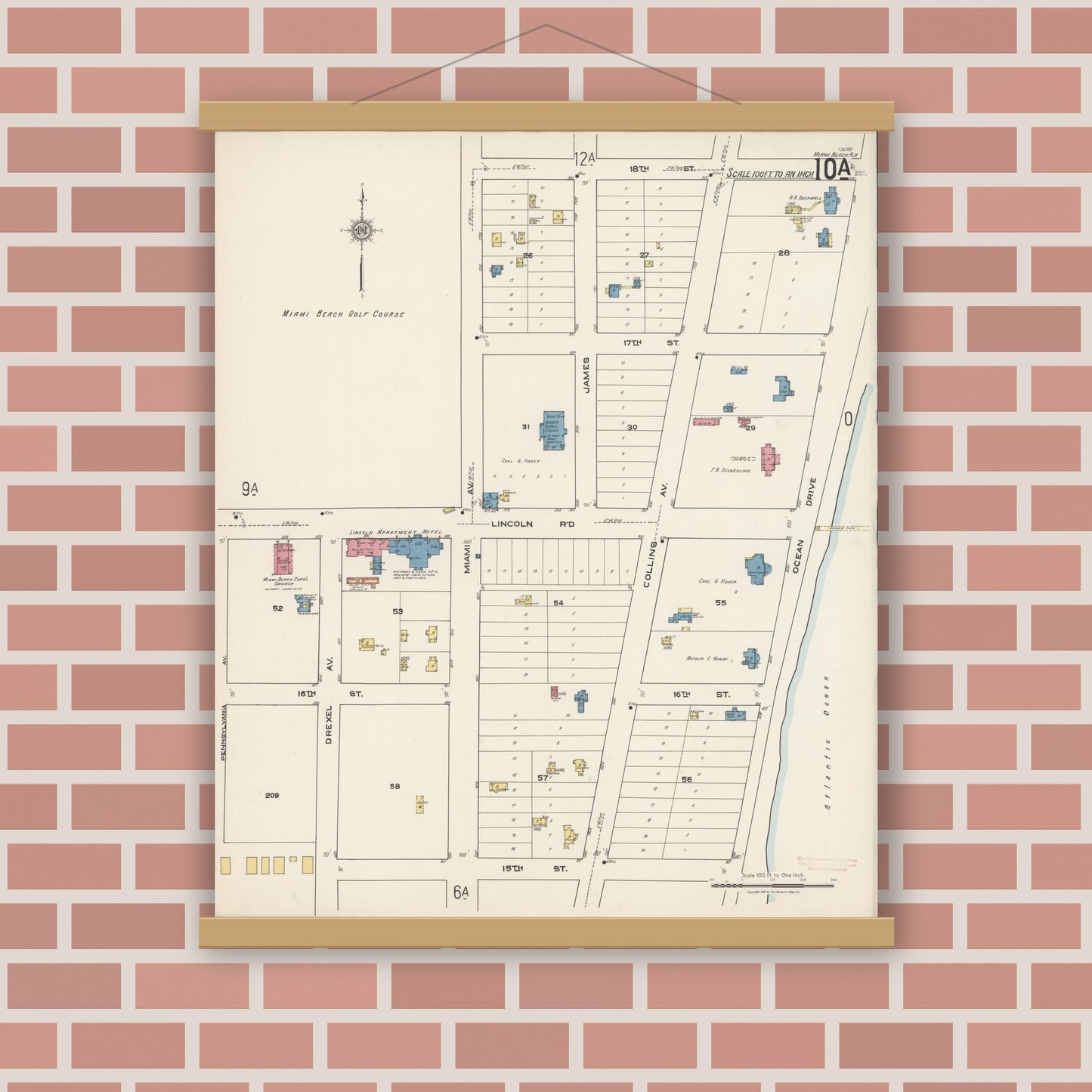 Old map wall art mockup — magnetic wood frame on brick wall — Sanborn Fire Insurance Map from Miami Beach, Dade County, Florida (1921), Sheet #0010