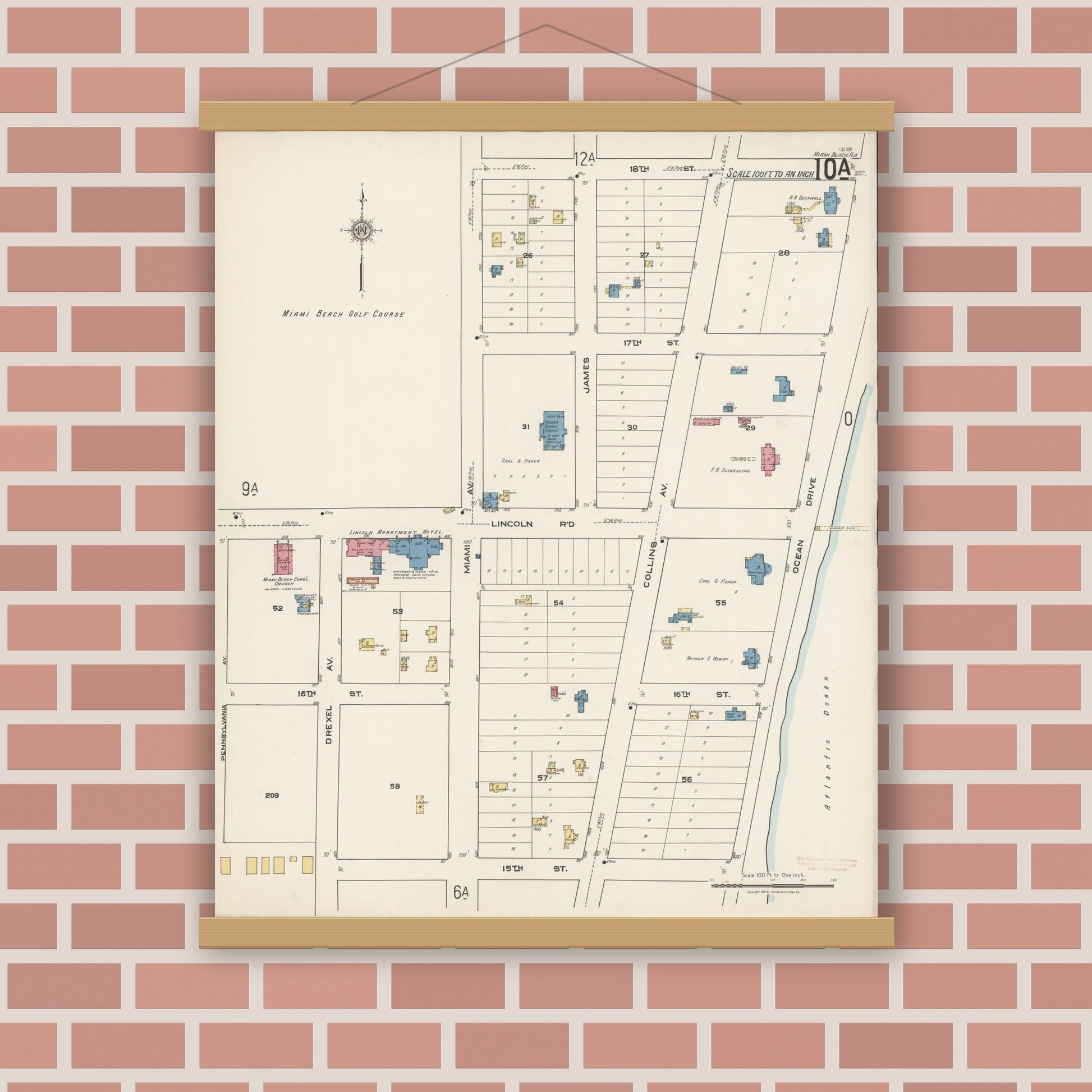 Old map wall art mockup — magnetic wood frame on brick wall — Sanborn Fire Insurance Map from Miami Beach, Dade County, Florida (1921), Sheet #0010