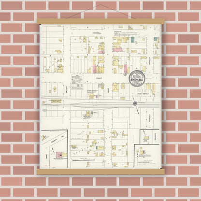 Old map wall art mockup — magnetic wood frame on brick wall — Sanborn Fire Insurance Map from New York Mills, Otter Tail County, Minnesota (1909), Sheet #0001