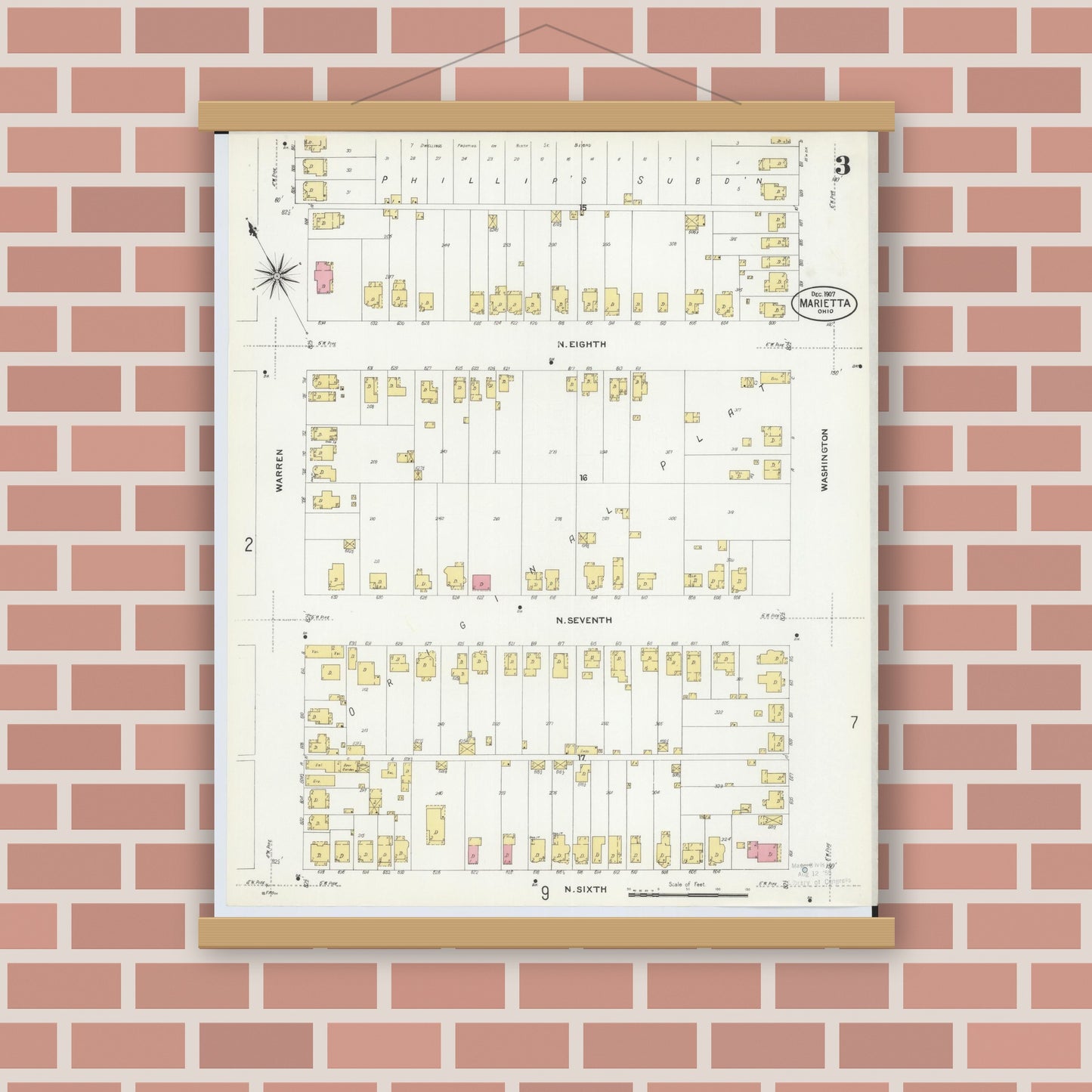 Old map wall art mockup — magnetic wood frame on brick wall — Sanborn Fire Insurance Map from Marietta, Washington County, Ohio (1907), Sheet #0003
