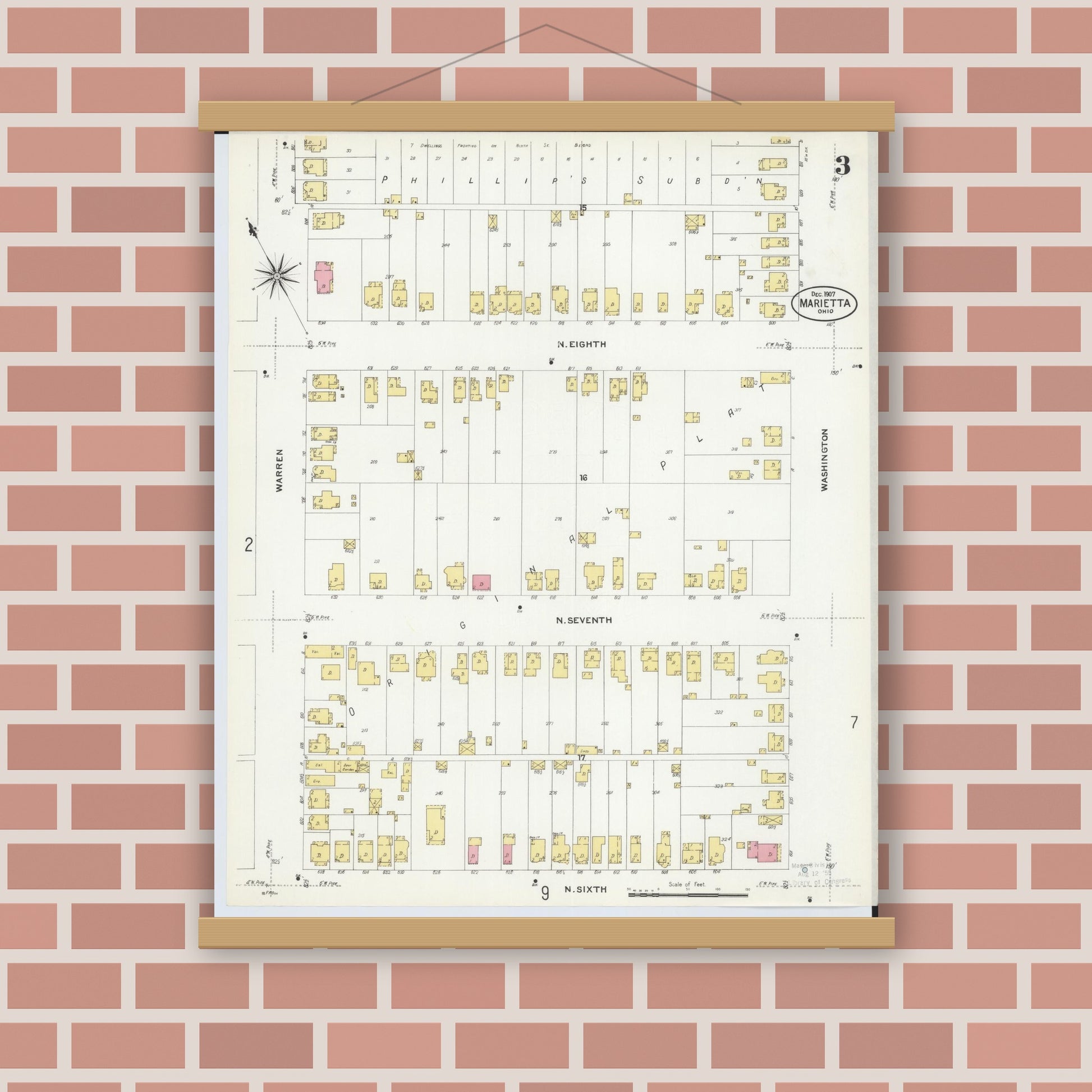Old map wall art mockup — magnetic wood frame on brick wall — Sanborn Fire Insurance Map from Marietta, Washington County, Ohio (1907), Sheet #0003