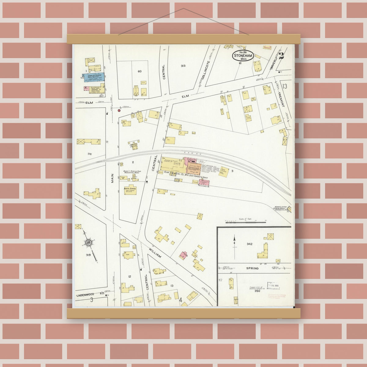 Old map wall art mockup — magnetic wood frame on brick wall — Sanborn Fire Insurance Map from Stoneham, Middlesex County, Massachusetts (1916), Sheet #0002