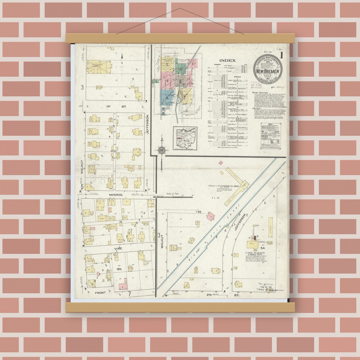 Old map wall art mockup — magnetic wood frame on brick wall — Sanborn Fire Insurance Map from New Bremen, Auglaize County, Ohio (1914) - Complete Map Set