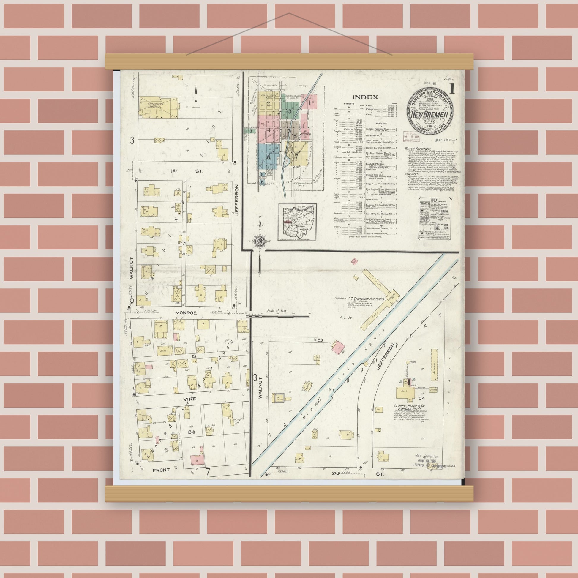 Old map wall art mockup — magnetic wood frame on brick wall — Sanborn Fire Insurance Map from New Bremen, Auglaize County, Ohio (1914) - Complete Map Set
