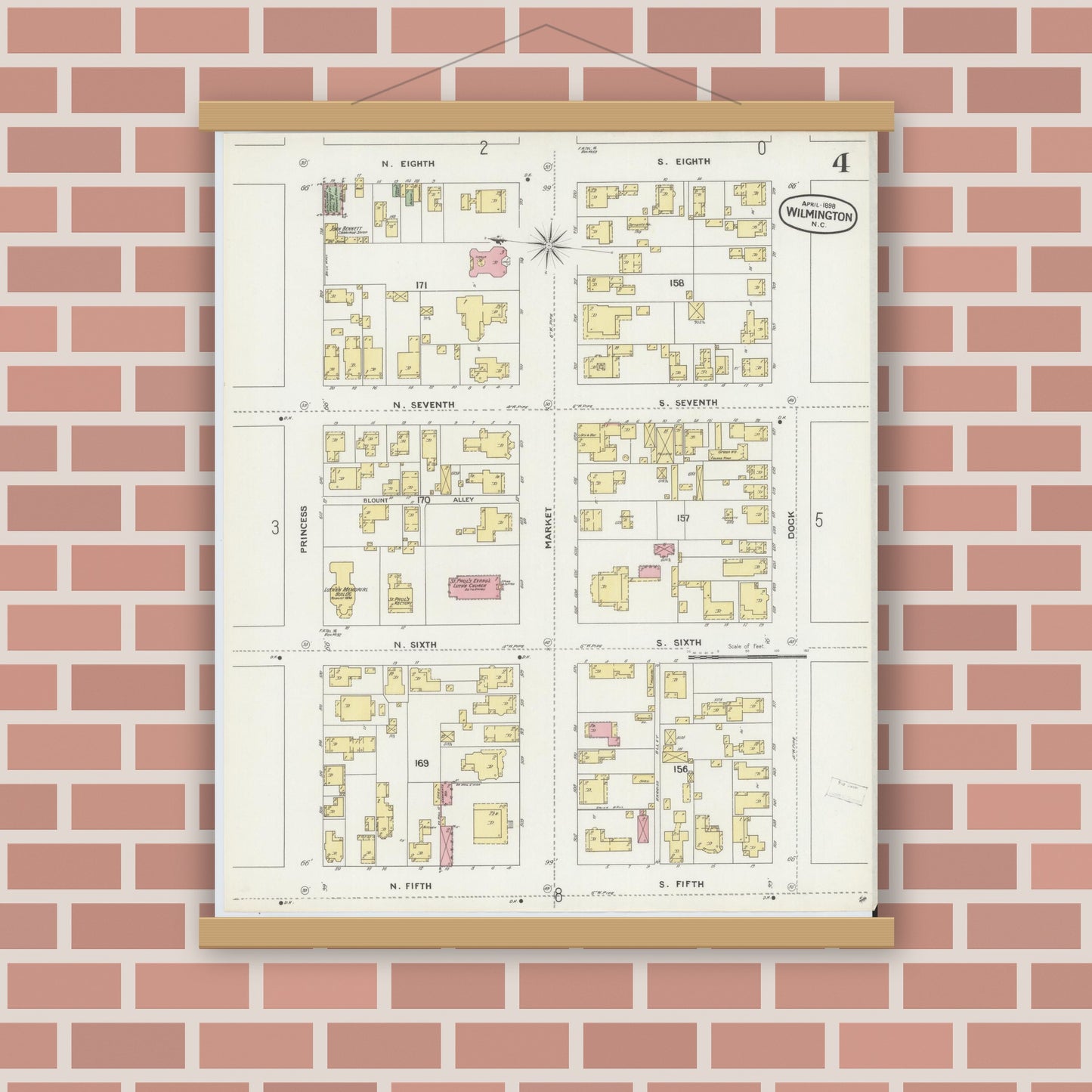 Old map wall art mockup — magnetic wood frame on brick wall — Sanborn Fire Insurance Map from Wilmington, New Hanover County, North Carolina (1898), Sheet #0004