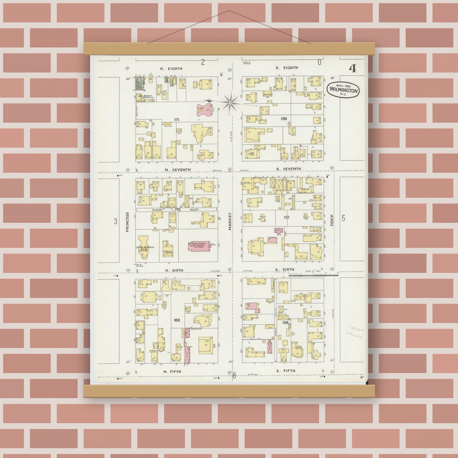 Old map wall art mockup — magnetic wood frame on brick wall — Sanborn Fire Insurance Map from Wilmington, New Hanover County, North Carolina (1898), Sheet #0004