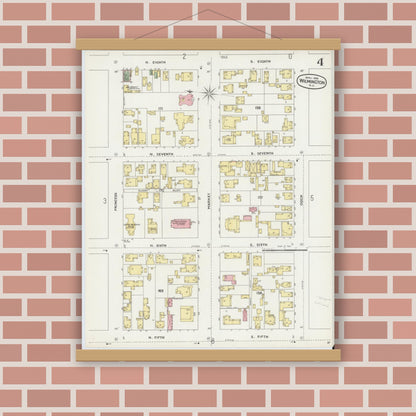Old map wall art mockup — magnetic wood frame on brick wall — Sanborn Fire Insurance Map from Wilmington, New Hanover County, North Carolina (1898), Sheet #0004