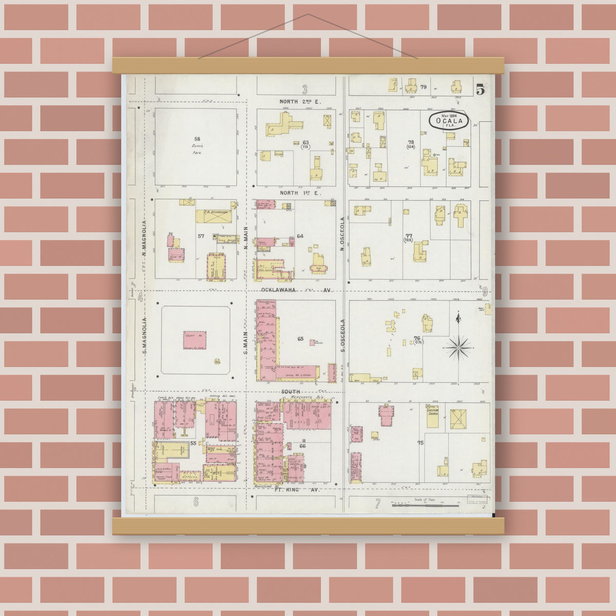 Old map wall art mockup — magnetic wood frame on brick wall — Sanborn Fire Insurance Map from Ocala, Marion County, Florida (1895), Sheet #0005