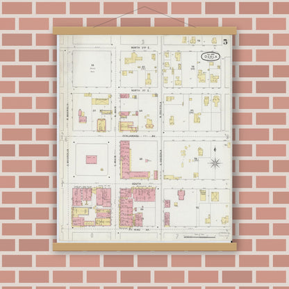 Old map wall art mockup — magnetic wood frame on brick wall — Sanborn Fire Insurance Map from Ocala, Marion County, Florida (1895), Sheet #0005