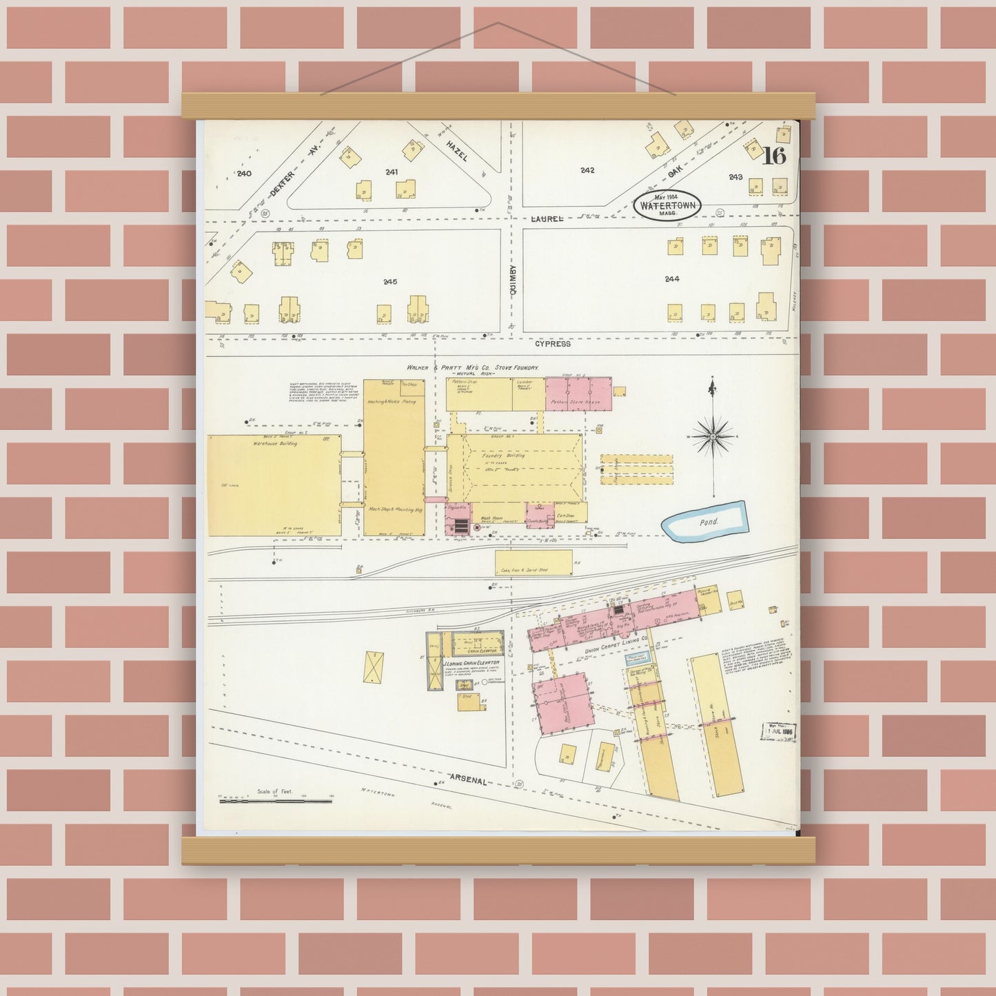 Old map wall art mockup — magnetic wood frame on brick wall — Sanborn Fire Insurance Map from Watertown, Middlesex County, Massachusetts (1904), Sheet #0016