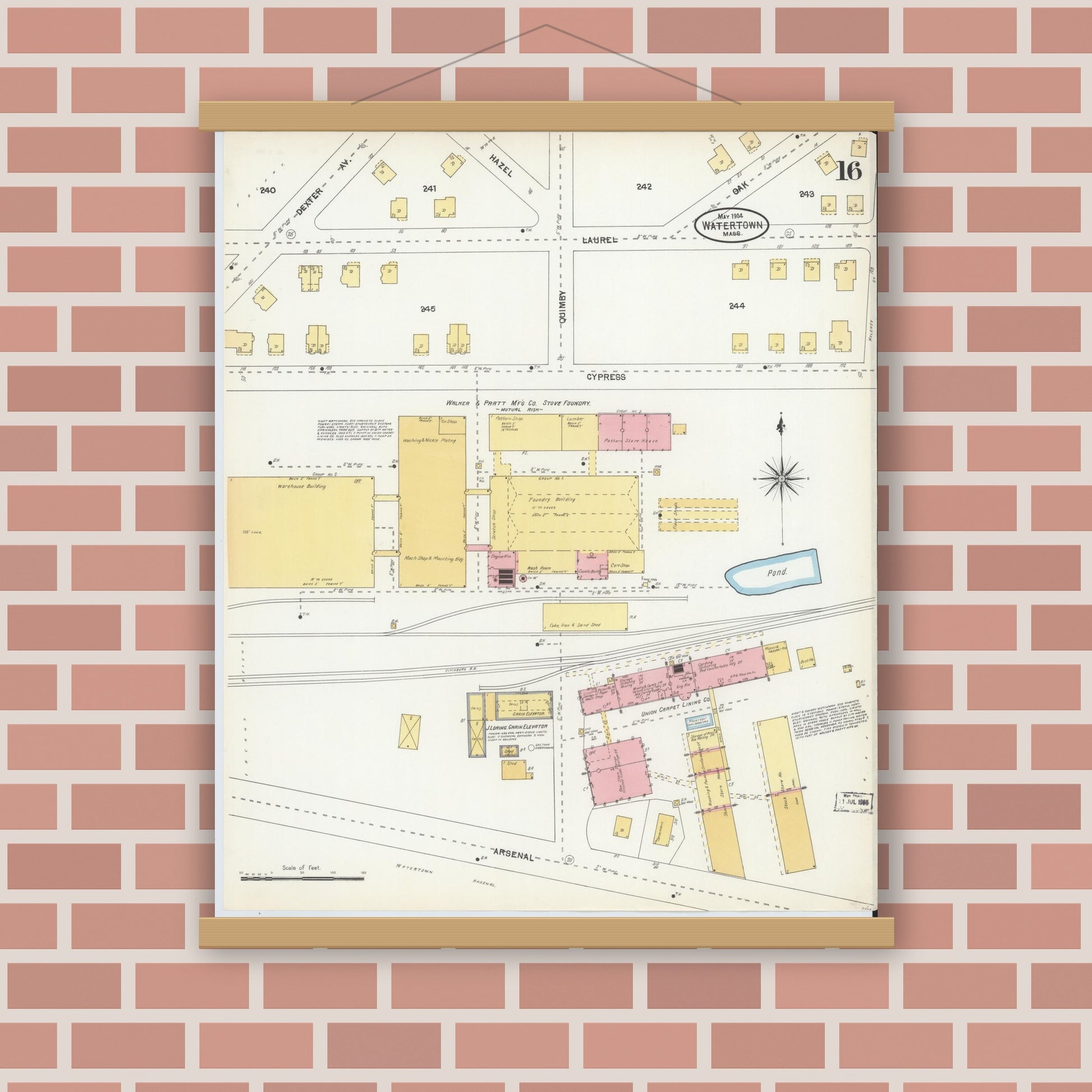 Old map wall art mockup — magnetic wood frame on brick wall — Sanborn Fire Insurance Map from Watertown, Middlesex County, Massachusetts (1904), Sheet #0016