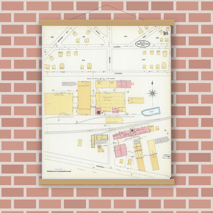 Old map wall art mockup — magnetic wood frame on brick wall — Sanborn Fire Insurance Map from Watertown, Middlesex County, Massachusetts (1904), Sheet #0016