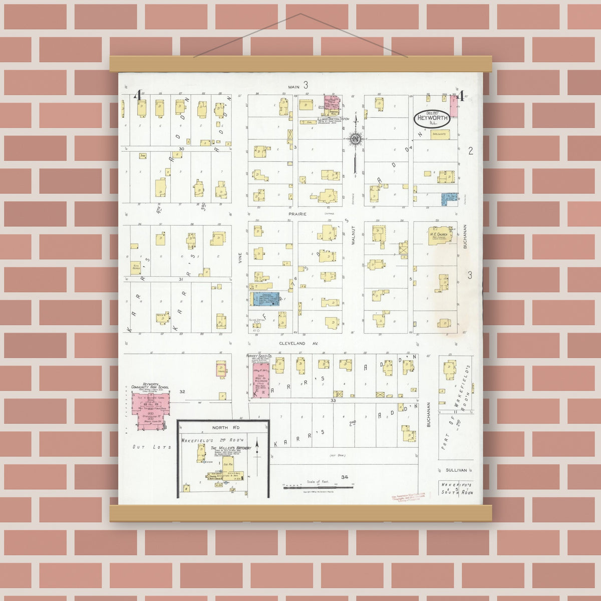 Old map wall art mockup — magnetic wood frame on brick wall — Sanborn Fire Insurance Map from Heyworth, McLean County, Illinois (1927), Sheet #0004