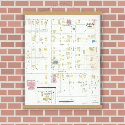 Old map wall art mockup — magnetic wood frame on brick wall — Sanborn Fire Insurance Map from Heyworth, McLean County, Illinois (1927), Sheet #0004