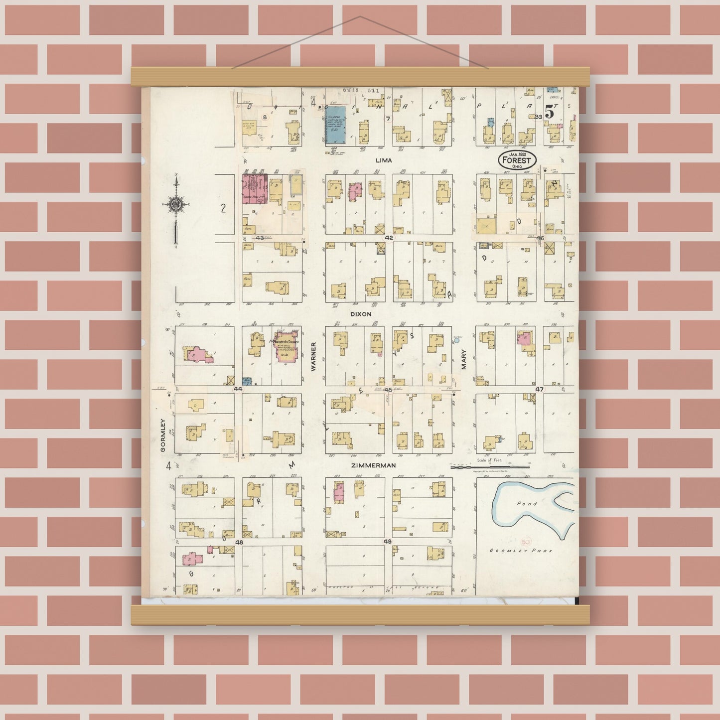 Old map wall art mockup — magnetic wood frame on brick wall — Sanborn Fire Insurance Map from Forest, Hardin County, Ohio (1932), Sheet #0005