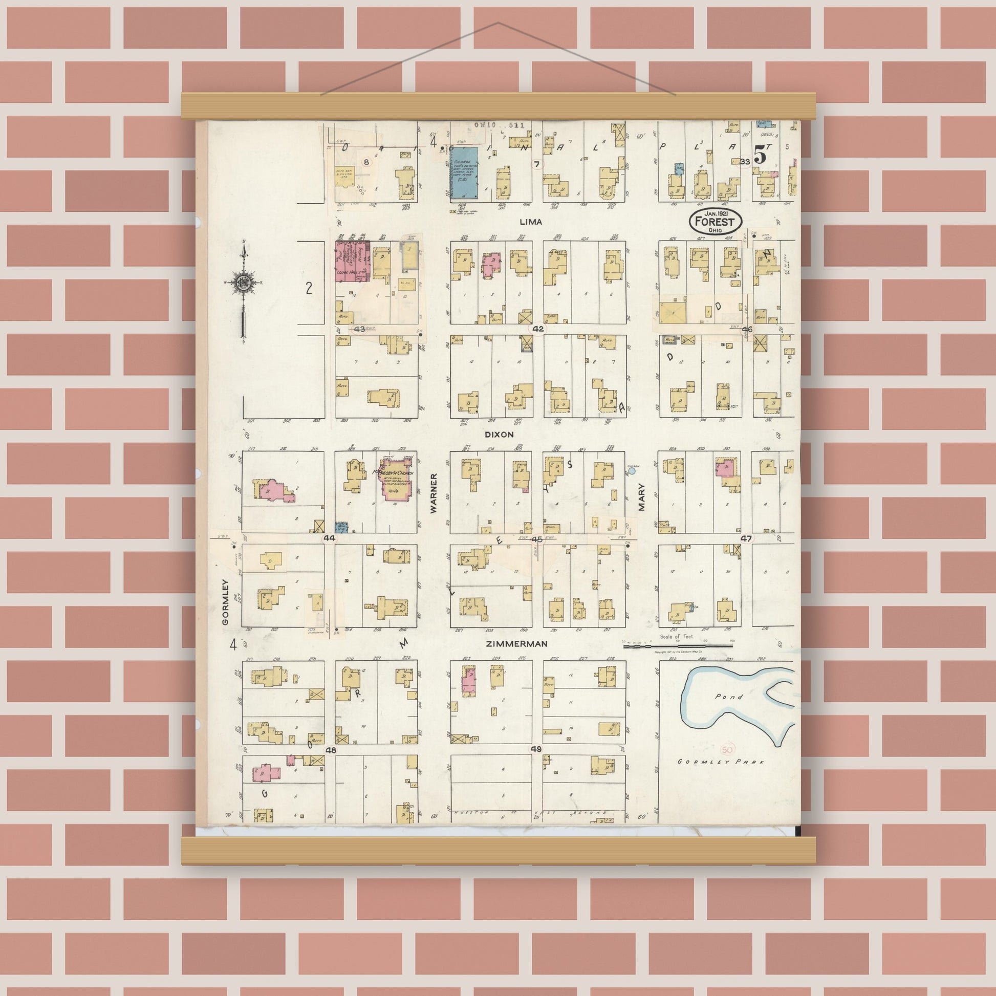 Old map wall art mockup — magnetic wood frame on brick wall — Sanborn Fire Insurance Map from Forest, Hardin County, Ohio (1932), Sheet #0005