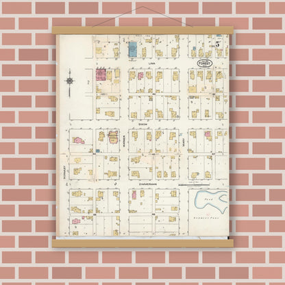 Old map wall art mockup — magnetic wood frame on brick wall — Sanborn Fire Insurance Map from Forest, Hardin County, Ohio (1932), Sheet #0005