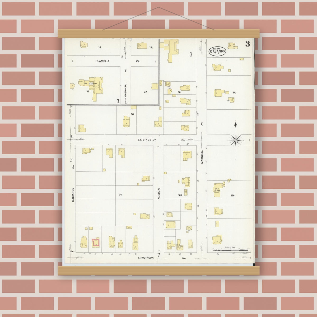 Old map wall art mockup — magnetic wood frame on brick wall — Sanborn Fire Insurance Map from Orlando, Orange County, Florida (1908), Sheet #0003