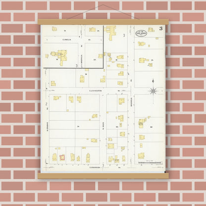 Old map wall art mockup — magnetic wood frame on brick wall — Sanborn Fire Insurance Map from Orlando, Orange County, Florida (1908), Sheet #0003
