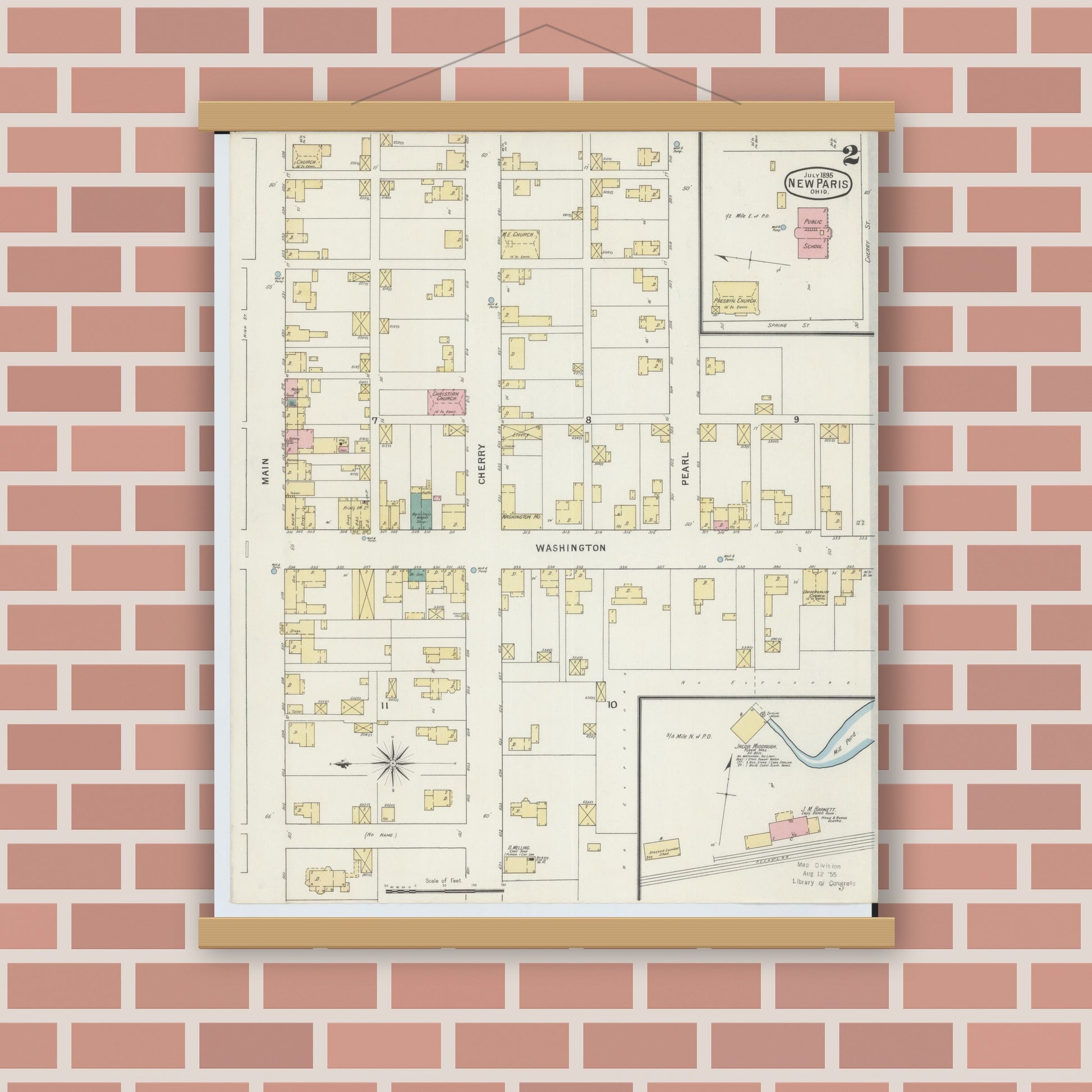 Old map wall art mockup — magnetic wood frame on brick wall — Sanborn Fire Insurance Map from New Paris, Preble County, Ohio (1895), Sheet #0002